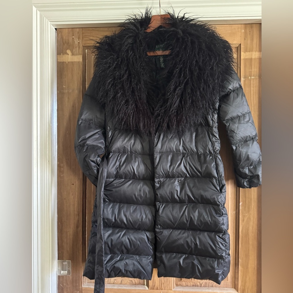 Ralph Lauren black faux-fur-trim removable collar down puffer coat